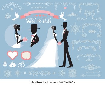Wedding winter decoration set.Bride,groom Flat silhouette,portrait.Bridal dress,christmas swirling borders, ribbon,icons,label.Retro Invitation Design template.Vintage Vector,simple, fashion