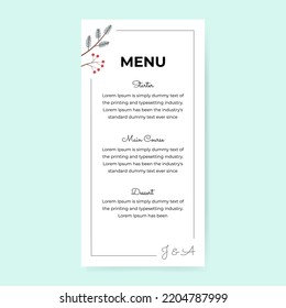 Wedding Winter Menu Card Design. Template With Text. Vector Botanical Background In A Soft Hand-drawn Style