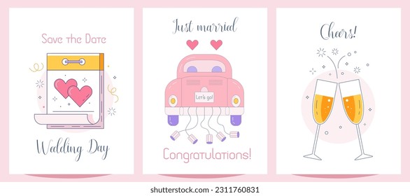 Wedding wishes greeting cards with sparkling champagne and love calendar. Happy wedding day congratulation postcards or festive party invitations in line illustration. Get married greetings.