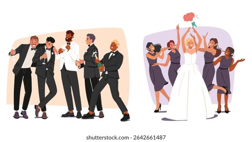 Wedding witnesses cartoon scene set with bride throwing flower bouquet and groom with groomsman celebrating wedding day ceremony vector illustration. Marriage celebration event and tradition