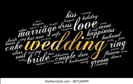 Wedding word cloud on black background. Vector illustration.