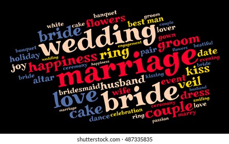 Wedding word cloud on black background.