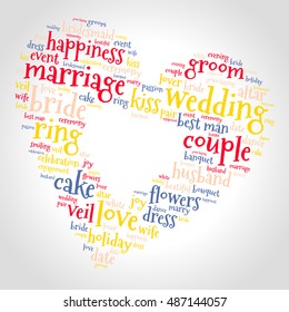 Wedding word cloud in shape of heart. Love concept. Vector illustration.