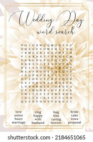 wedding word search puzzle. Bridal shower crossword, trivia, activity card. Engagement, bachelorette party printable.  Find 16 hidden words about love and marriage. Vector illustration 