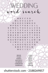  Wedding word search puzzle. Bridal shower crossword, trivia, activity card. Engagement, bachelorette party printable. Words can be found vertical, horizontal and diagonal.