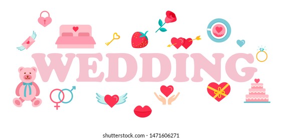 Wedding word typography design in pink color suitable for logo, banner or text design. Romantic voyage, vacation. Isolated lettering typography idea with flat icons. Vector flat line illustration