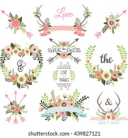 Wedding Wreath Floral Invitation.Banner,Arrow,Deer Antlers.Save the Date,Love and Thanks.