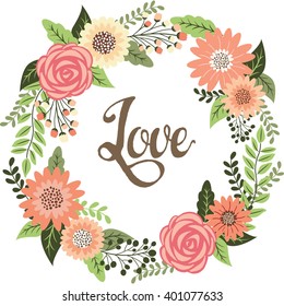 Wedding Wreath Floral.Love Font.Wedding Invitation.