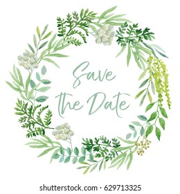 Wedding Wreath. Green Leaves. Vector Illustration. Save The Date Greenery.