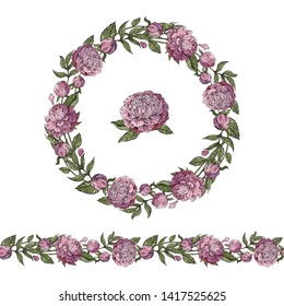 Wedding wreath save the date. Pale pink peonies.Vector illustration. Summer flowers. Isolated on white background. Retro, vintage.