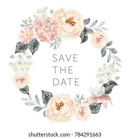 Wedding wreath Save the date. Pale pink peonies, hydrangea and gray leaves. Watercolor vector illustration. Summer flowers.