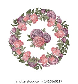 Wedding wreath save the date. Pink, red rose. Delicate lilac peonies. Vector illustration. Summer flowers. Isolated on white background. Retro, vintage.