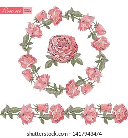 Wedding wreath save the date. Pink, red rose. Vector illustration. Summer flowers. Isolated on white background. Retro, vintage.