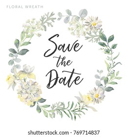 Wedding wreath Save the date. White flowers and gray green leaves. Watercolor vector illustration. Summer greenery.