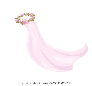 Wedding wreath with veil for bride template. Trendy romantic holiday symbol with roses and transparent purple cape for formal vector ceremony