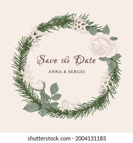 Wedding wreath with white roses, dusty miller and branches spruce. Floral round frame on a white background. Winter template for wedding invitations. Botanical vector illustration. Pastel pattern.