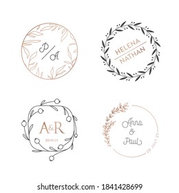 Wedding wreaths, circle laurels logos. Vintage monogram vector collection. Modern frame, minimalistic floral templates for Invitation, greeting, Save the Date cards. Identity for restaurant, boutique