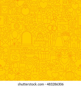 Wedding Yellow Line Tile Pattern. Vector Illustration of Outline Seamless Background. Love and Hearts.