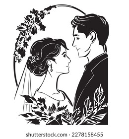 Wedding, young couple of lovers, just married black vector stencil template for laser cnc cutting.