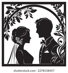 Wedding, young couple of lovers, just married black vector stencil template for laser cnc cutting.