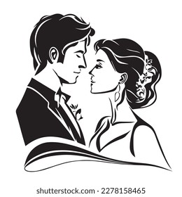 Wedding, young couple of lovers, just married black vector stencil template for laser cnc cutting.