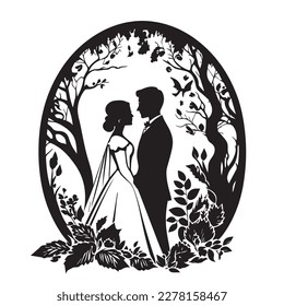 Wedding, young couple of lovers, just married black vector stencil template for laser cnc cutting.