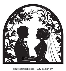 Wedding, young couple of lovers, just married black vector stencil template for laser cnc cutting.