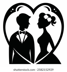 Wedding, young couple of lovers, just married black vector on white background.