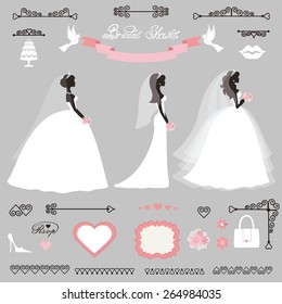  Wedding.Bride in Different dress style.Bridal shower decor set.Cartoon girl,woman silhouette,portrait,Swirling borders, ribbon,icons,label.Invitation Design template kit.Vintage Vector,flat fashion
