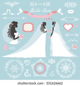  Wedding.Bride In Different Dress Style.Winter  Bridal Shower Decor Set.Cartoon Woman ,Swirling Borders,wreath Frame Ribbon,icons,label.Invitation Design Template.Vintage Vector,flat Fashion