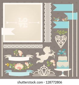 Wedding/love/romance/ shabby chic design elements collection. Vector set