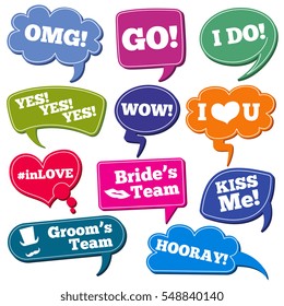 Weddings phrases in speech bubbles vector photo props set.