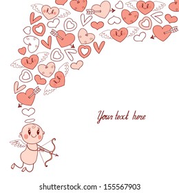 Weddings and Valentine's Day card with cute Cupids and hearts. Vector illustration.