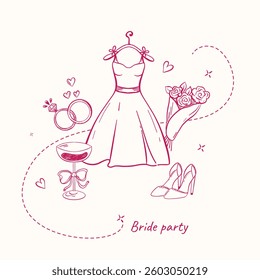 A wedding-themed composition featuring a dress on a hanger, a bouquet of roses, two rings, a glass with a ribbon, and a pair of elegant shoes. Hearts and delicate dotted lines surround the elements