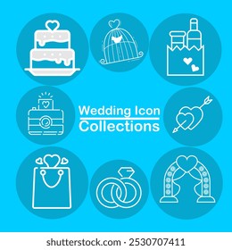 A wedding-themed icon collection on a blue background featuring a wedding cake, birdcage, wine bottles, camera, shopping bag, rings, heart with arrow, and a wedding arch