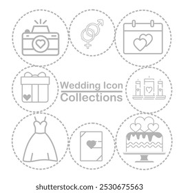 A wedding-themed icon collection on a light gray background featuring a camera, gender symbols, calendar, gift box, candles, wedding dress, wedding invitation, and cake,