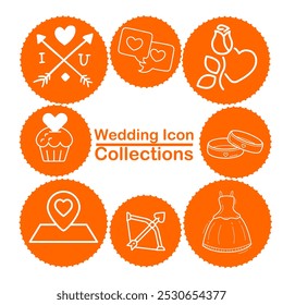 A wedding-themed icon collection on an orange background, featuring arrows, hearts, rings, chat bubbles, a rose, a cupcake, a location pin, a bow and arrow, and a wedding dress