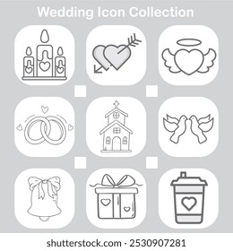 A wedding-themed icon set featuring hand-drawn illustrations, including candles, hearts, rings, church, doves, gift, wedding bell, and coffee cup, representing love, marriage, and celebration.