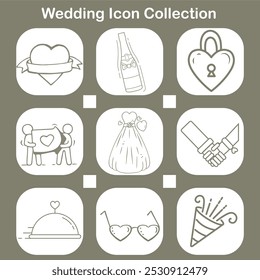 A wedding-themed icon set featuring hand-drawn illustrations including a heart banner, champagne bottle, lock, wedding dress, handshake, tray, heart glasses, and confetti, representing love