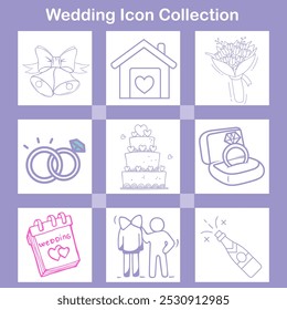 Ein Ikonensatz zum Thema Hochzeit mit handgezeichneten Illustrationen, darunter Hochzeitsglocken, Haus, Strauß, Ringe, Kuchen, Ringkasten, Kalender, Paar und Champagner, als Symbol für Liebe, Vereinigung und Feier