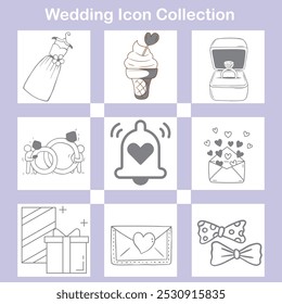 A wedding-themed icon set featuring hand-drawn illustrations including a dress, ice cream, ring box, wedding rings, bell, envelope, gift, and bow ties, symbolizing love, romance, and celebration