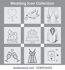 Un conjunto de iconos de boda con ilustraciones dibujadas a mano que incluyen un globo de corazón, un pájaro con un corazón, vasos de champán, vela, pastel de boda, esmoquin, vestido, vasos de brindis y tarjeta de amor