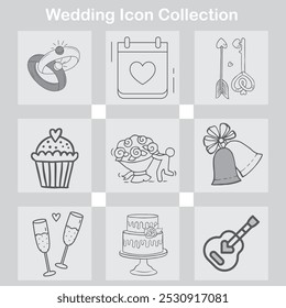 A wedding-themed icon set featuring hand-drawn illustrations of rings, calendar, arrows, cupcake, bouquet, bells, champagne, cake, and a guitar, symbolizing love, celebration, and marriage