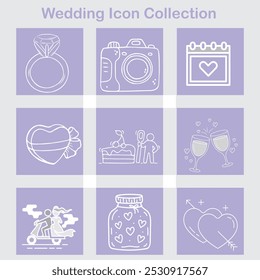 A wedding-themed icon set featuring hand-drawn illustrations of a ring, camera, calendar, heart, cake, champagne glasses, scooter, jar of hearts, and crossed arrows, symbolizing love and celebration