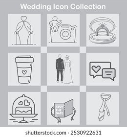 A wedding-themed icon set featuring hand-drawn illustrations including an arch, camera, ring box, coffee cup, couple, chat bubbles, cake, save the date card, and necktie, symbolizing love and marriage