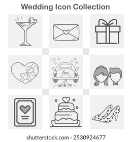 A wedding-themed icon set featuring hand-drawn illustrations including a cocktail glass, envelope, gift, heart, car, bride and groom, certificate, cake, and high heels, symbolizing love