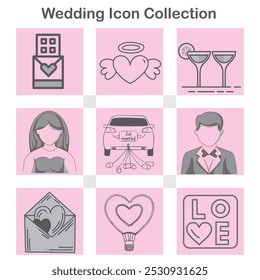 A wedding-themed icon set featuring hand-drawn illustrations of a chocolate bar, heart with wings, cocktails, bride, car, groom, envelope, hot air balloon, and love sign, representing love celebration