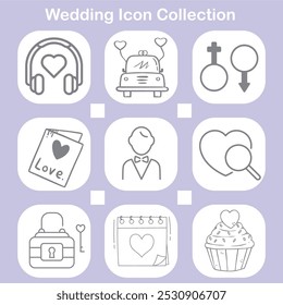 Conjunto de ícones com tema de casamento com ilustrações de estilo simples e desenhadas à mão. Inclui símbolos como um coração, carta de amor, noivo, carro, calendário, cupcake e fechadura, todos representando amor e celebração