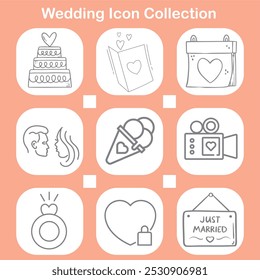 A wedding-themed icon set with hand-drawn illustrations, including symbols like a cake, card, camera, ring, couple, ice cream, heart lock, and "Just Married" sign, representing love and celebration