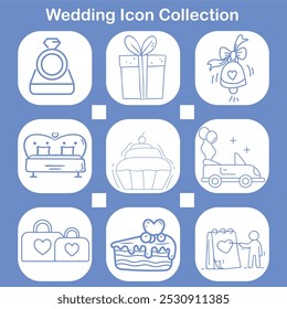 A wedding-themed icon set with hand-drawn illustrations, including a ring, gift, bell, bed, cupcake, car, suitcases, cake slice, and a couple with a calendar, representing love and celebration